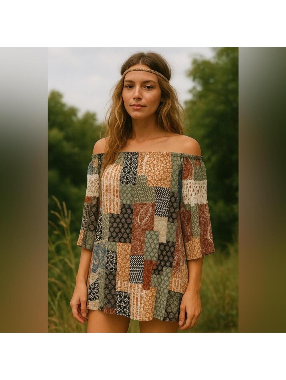 Audrey 3+1 Boho Patchwork Off-Shoulder Tunic Dress – Size Medium - Picture 3 of 6